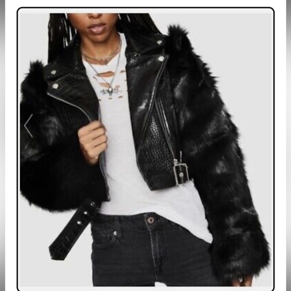 Black Faux Fur and Leather Women's Jacket